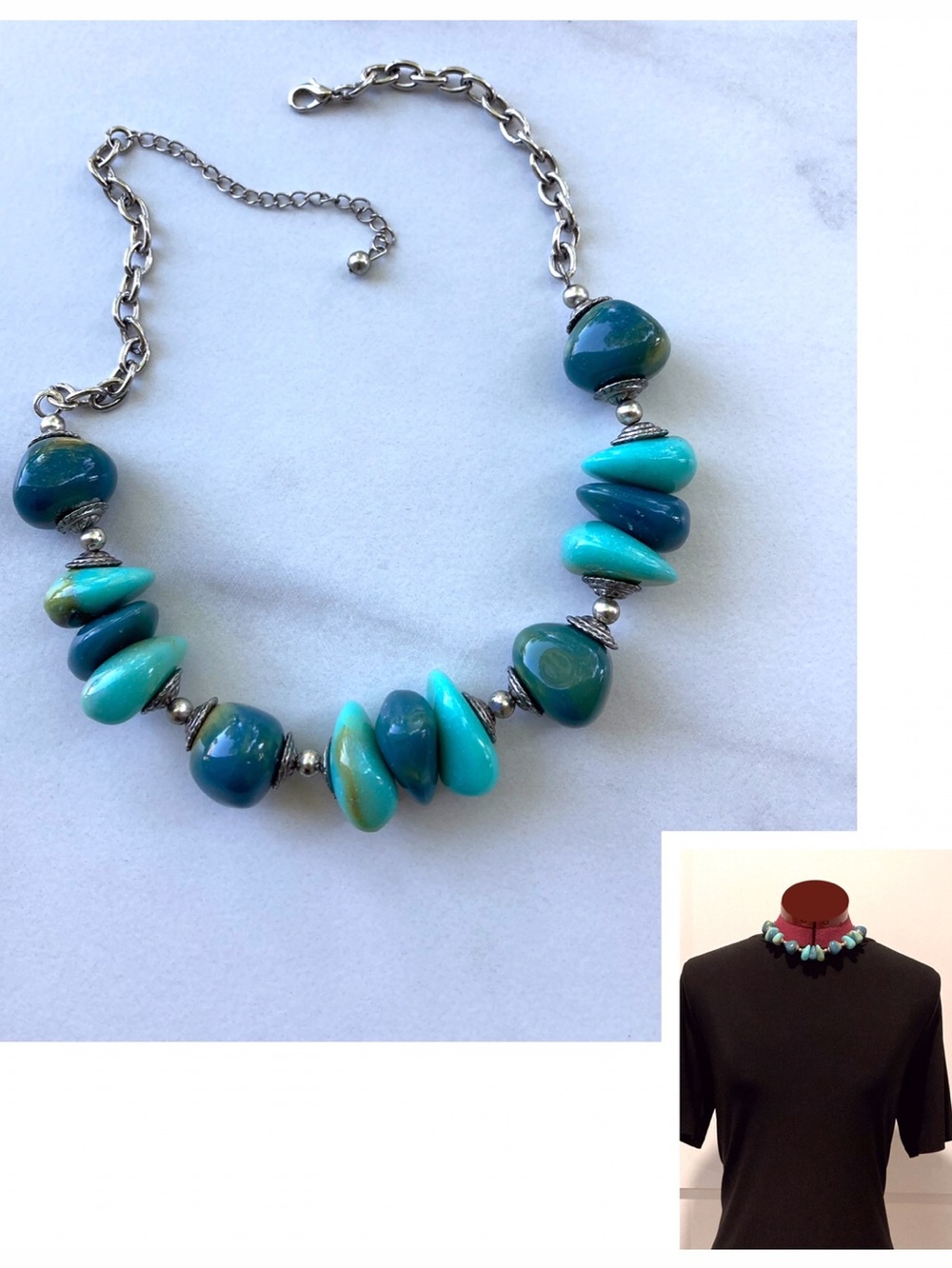 Statement Faux Turquoise Teal Bead Choker Necklace Acrylic / Molded Plastic